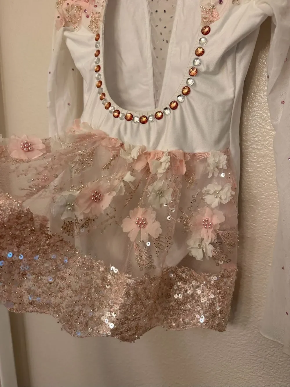 Glamour solo dance costume white lyrical floral lace long sleeve XLC child